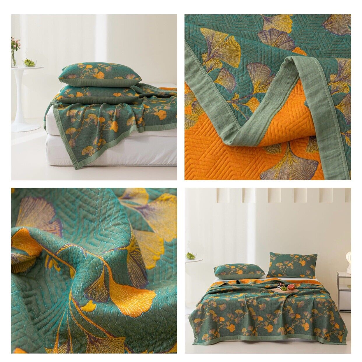 NEW Anthropologie Teal Orange Reversible King Size Bedspread Blanket Sham Set