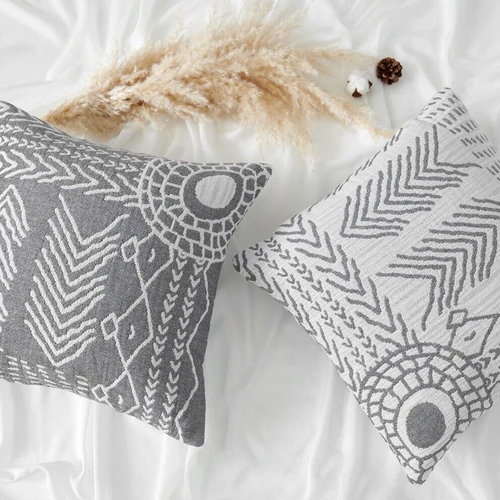 New Anthropologie Set/2 Gray Boho Abstract Throw Pillow Cover Case Sham 18 x 18