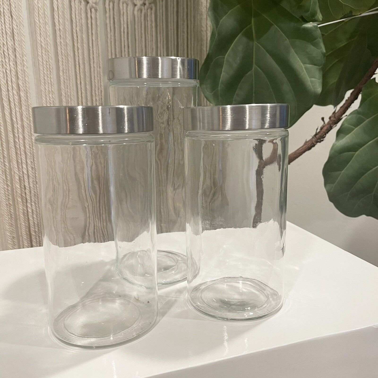 West Elm Set of Three Clear Glass & Aluminum Storage Jars Containers Canisters