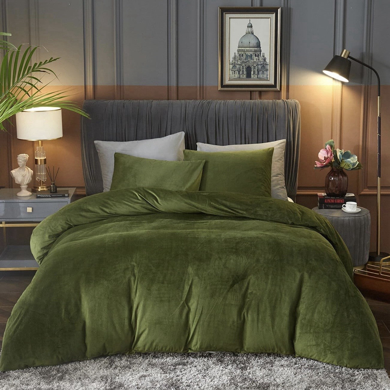 NEW West Elm Dark Green Lux Velvet Flannel Queen / King Duvet Bedding & Sham Set