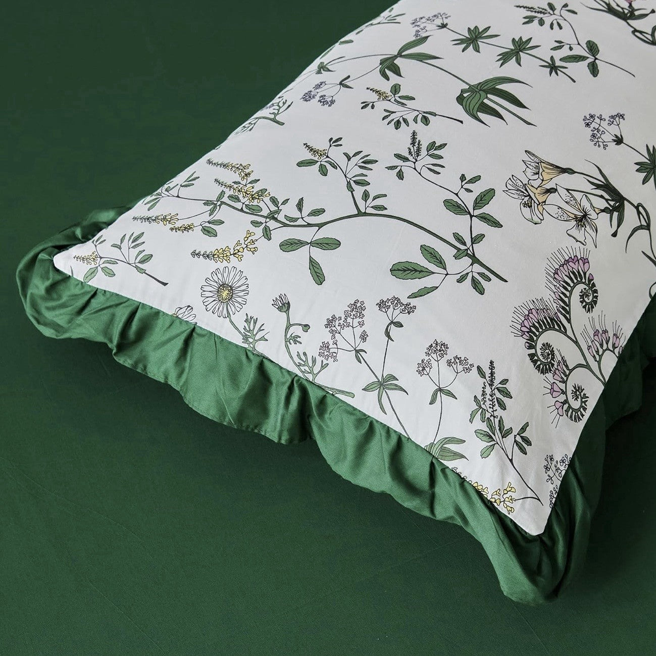NEW Anthro Green Ruffle Floral Cotton Boho Queen / King Bedding Duvet & Sham Set