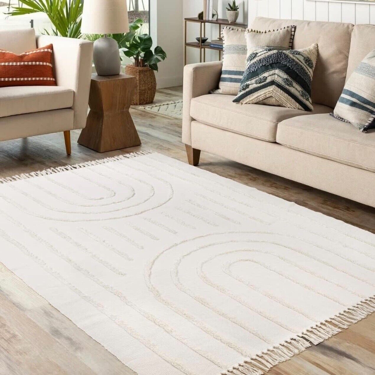 NEW West Elm White Beige Boho Chunky Woven Cotton Tassel Area Rug Carpet 5' x 7'