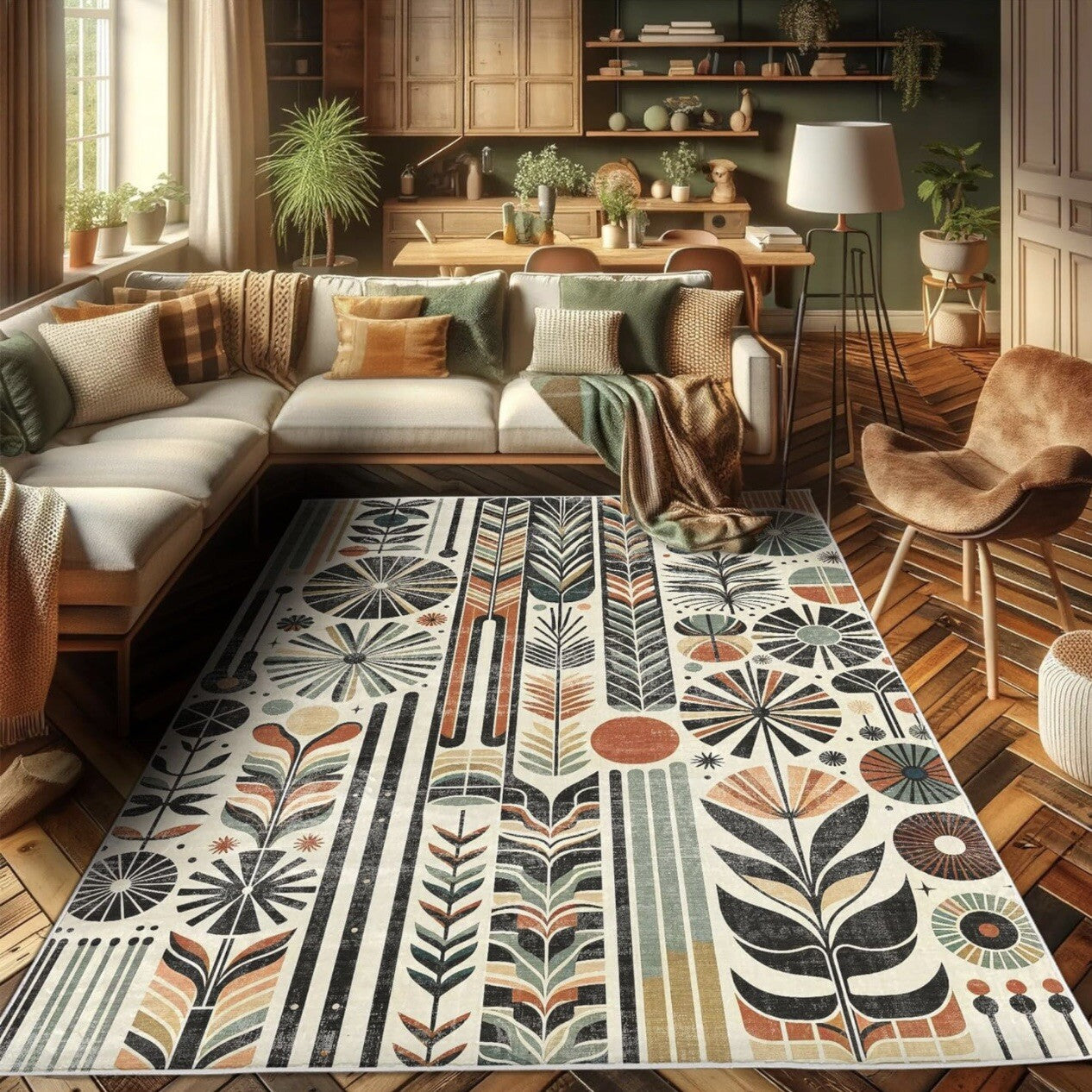 NEW Anthropologie Cream Boho Retro Floral Geometric Area Rug Carpet 5'7" x 4'