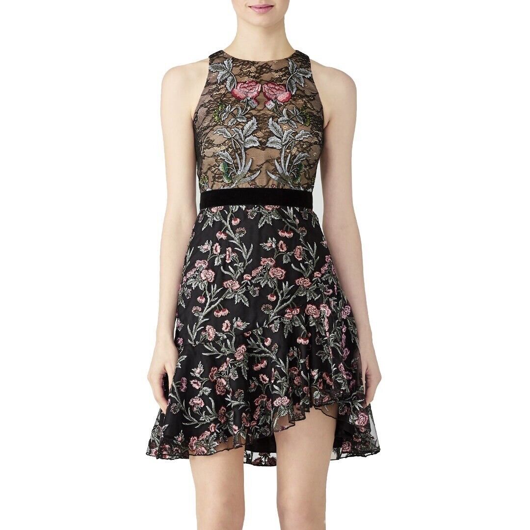 Monique Lhuillier Sheer Black Floral Rose Embroidered Lace Dress - Large / 12