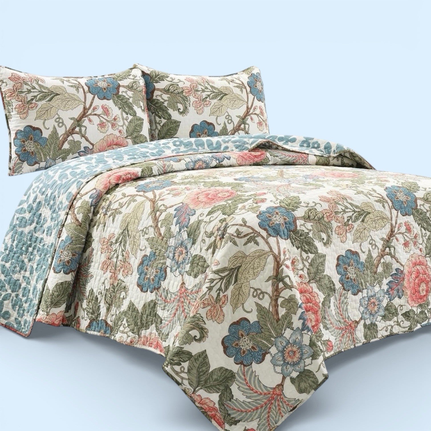 NEW Anthro Cotton Floral Reversible Boho Queen / King Bedding Quilt & Sham Set