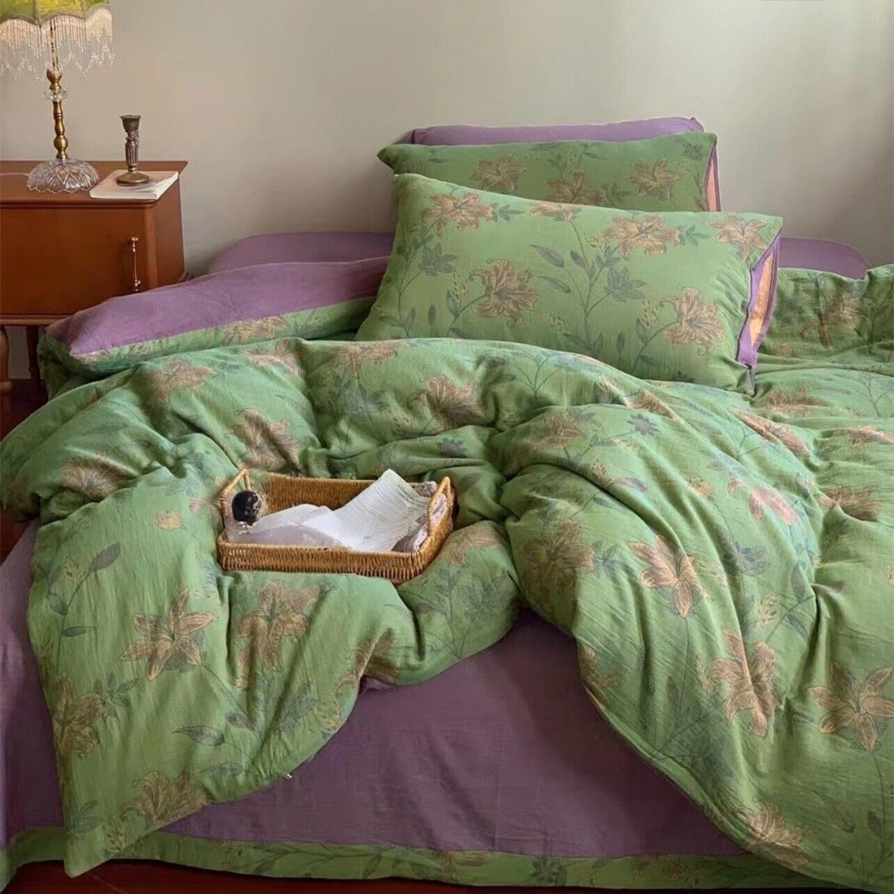 NEW Anthropologie Green Purple Floral Linen Boho Queen Bedding Duvet & Sham Set