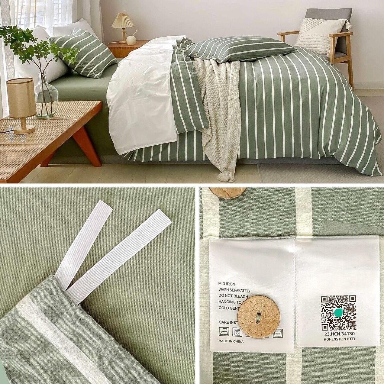 NEW West Elm Boho Green Stripe King Size Cotton Linen Bedding Duvet Sham Set