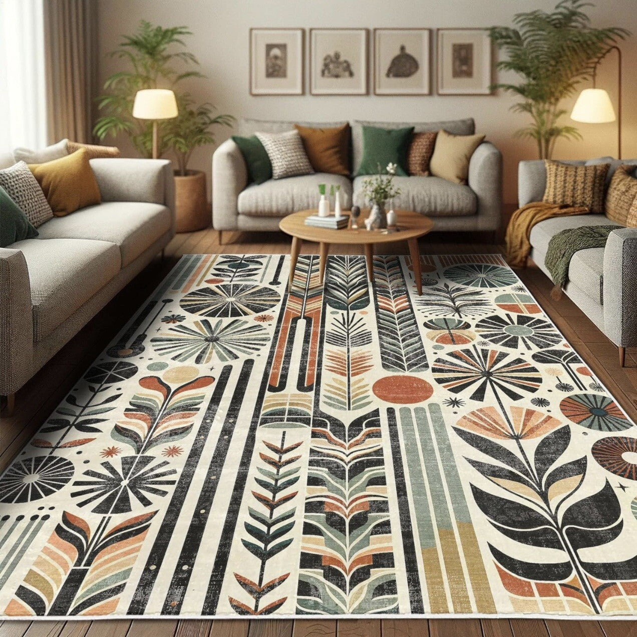 NEW Anthropologie Cream Boho Retro Floral Geometric Area Rug Carpet 5'7" x 4'