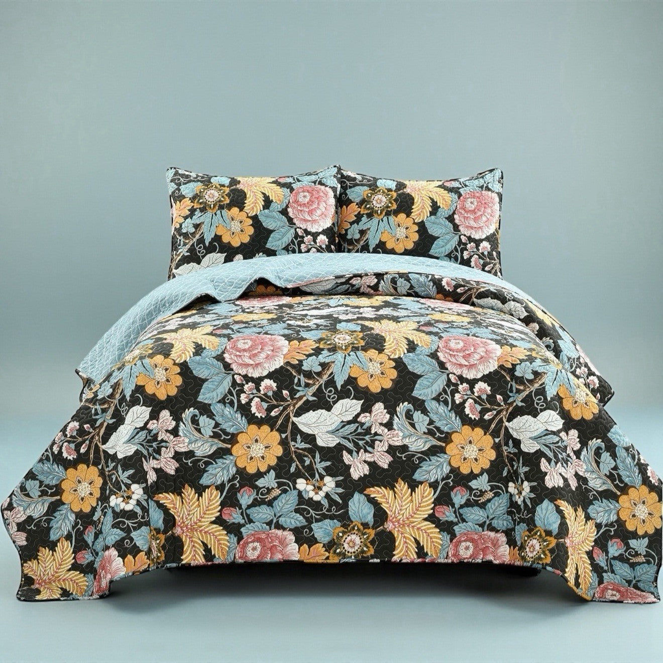 NEW Anthro Cotton Floral Reversible Boho Queen / King Bedding Quilt & Sham Set