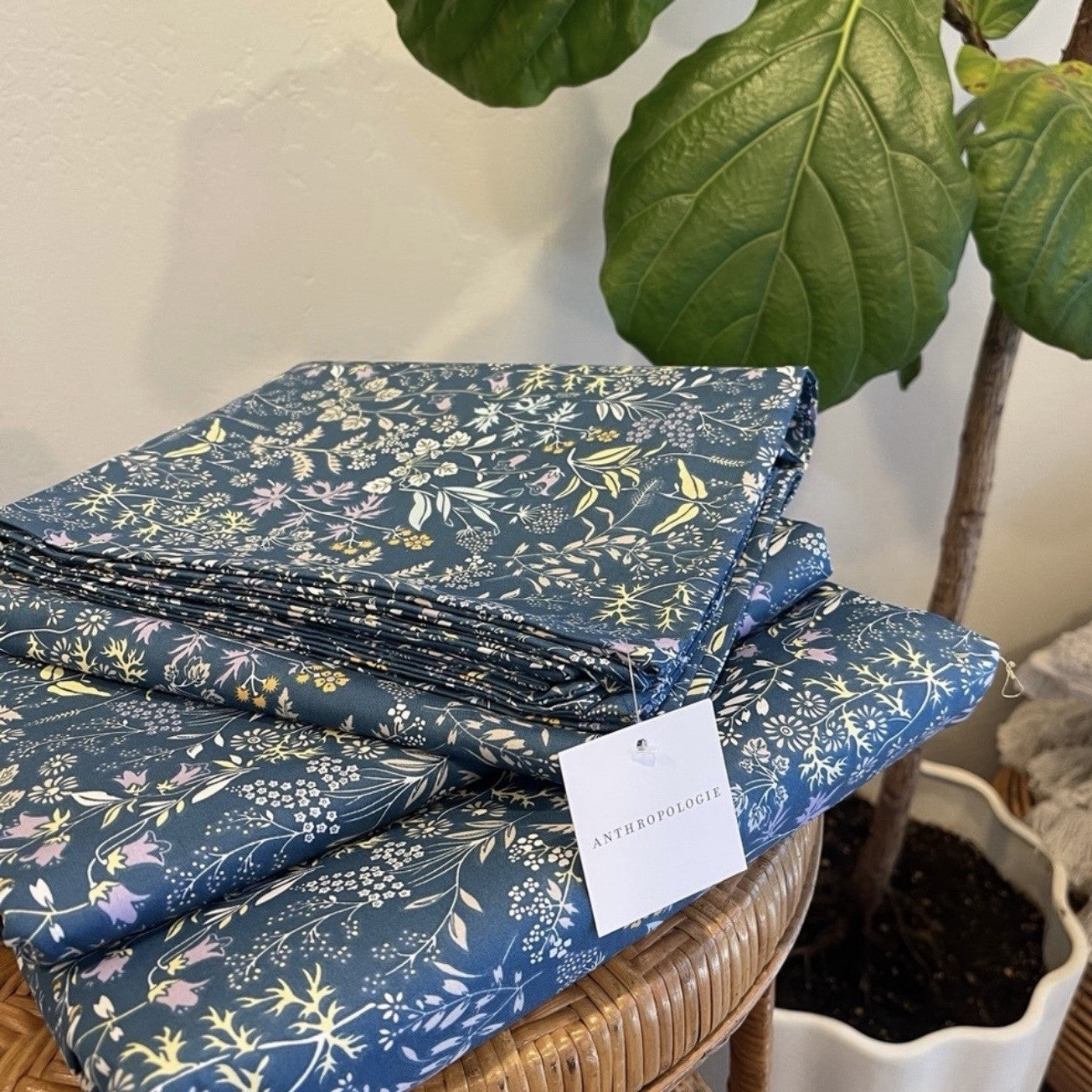 NEW Anthro Blue Floral Cotton Boho King Queen Full Size Bedding Duvet & Sham Set