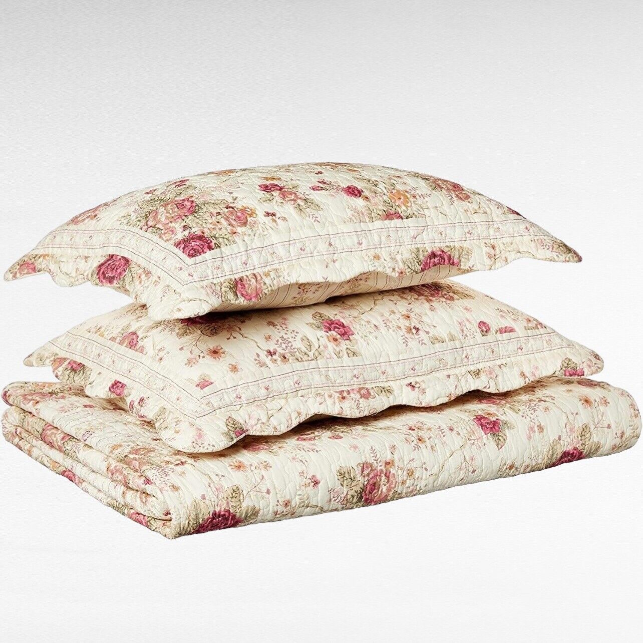 NEW Anthropologie White Red Floral Cream King Quilt Bedspread Bedding Sham Set