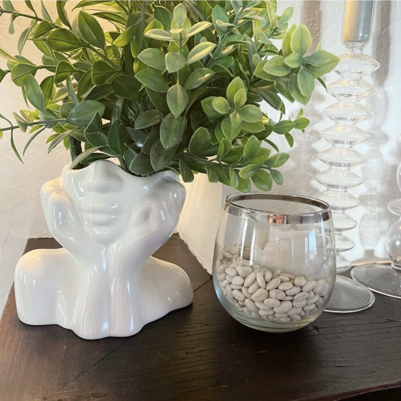 NEW Anthro Boho White Ceramic Female Face Abstract Flower Vase - Medium