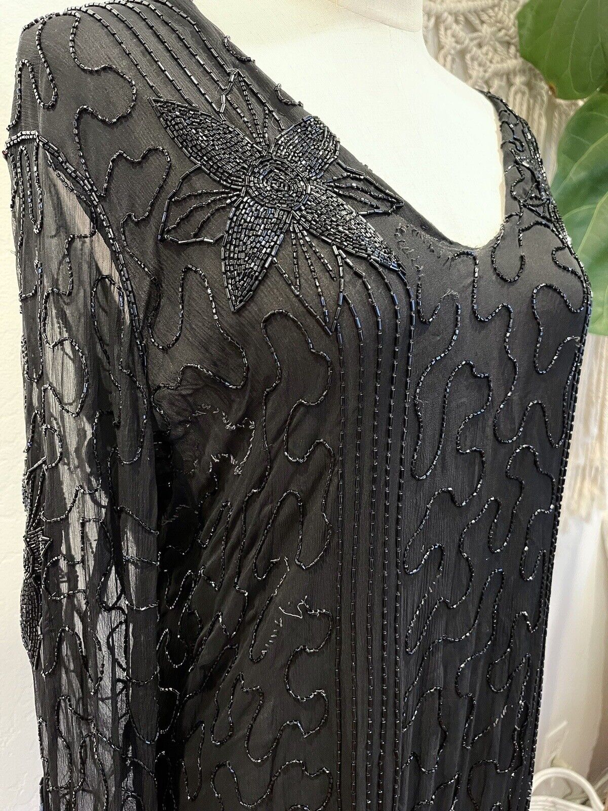 Vintage Saks Fifth Avenue Black Floral Beaded Sheer Tunic Sheath Dress - Large