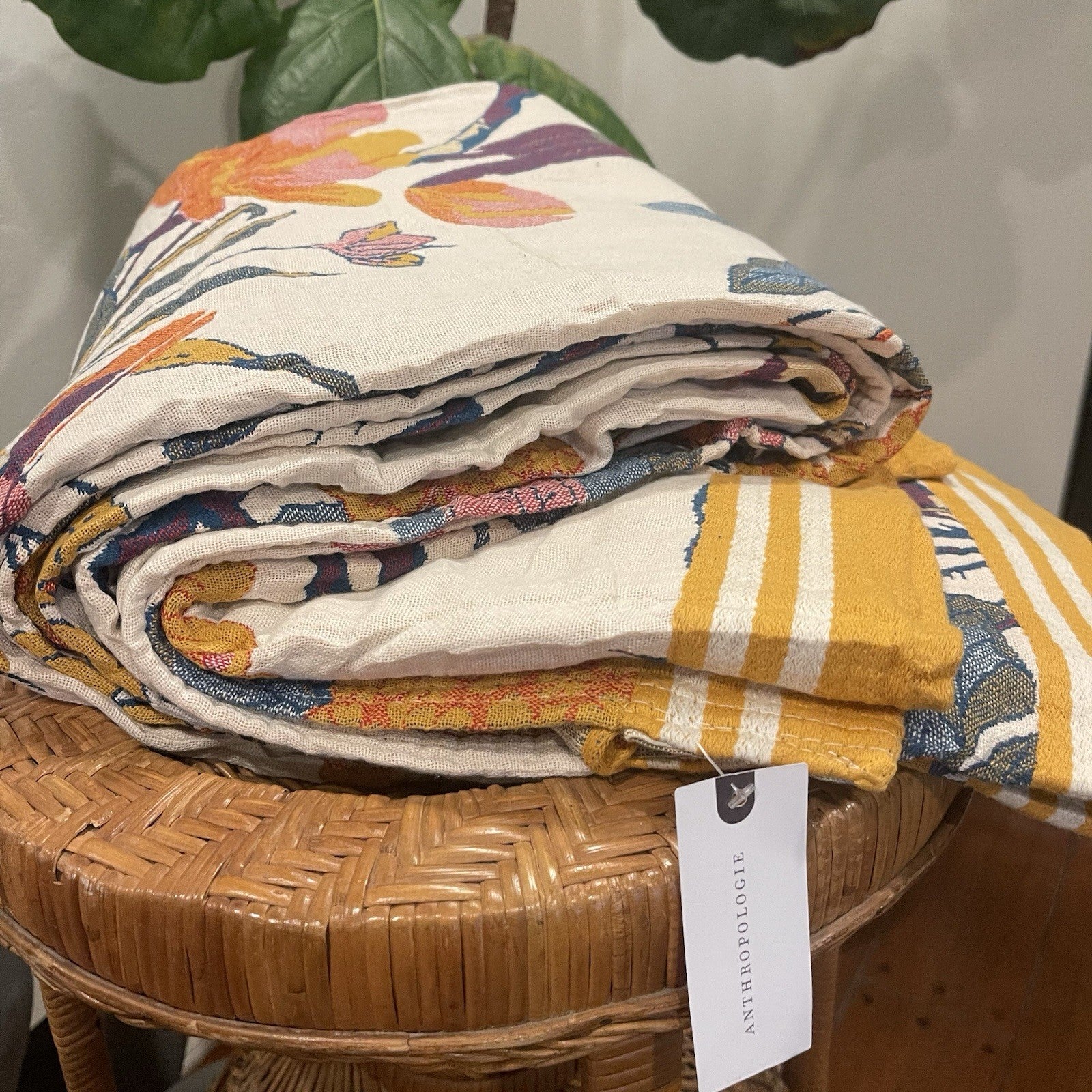 NEW Anthro XL Boho Bird Orange Floral Throw Blanket Bedspread Quilt 80" x 90"