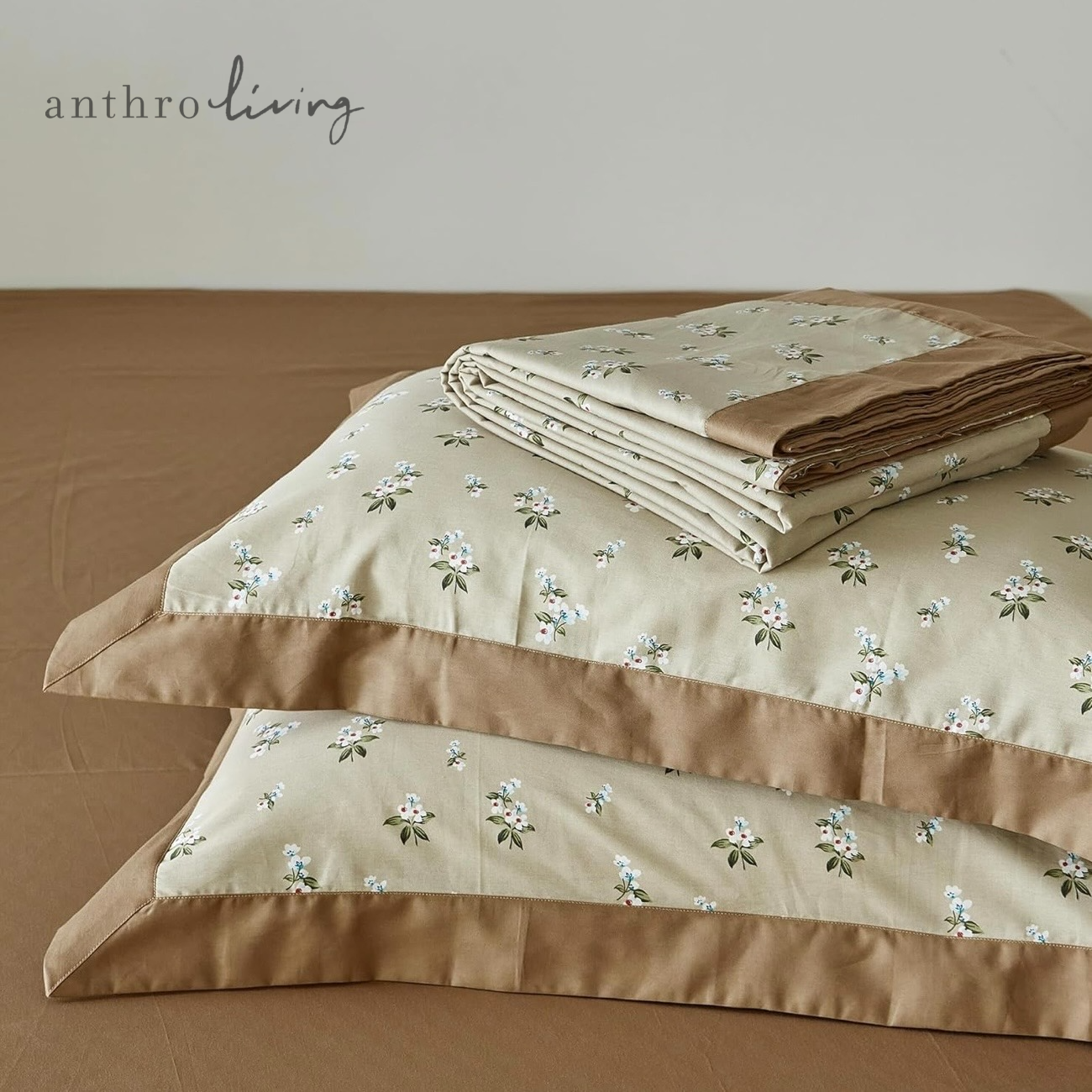 NEW Anthropologie Khaki Floral Vintage Queen King Cotton Bedding Duvet Sham Set