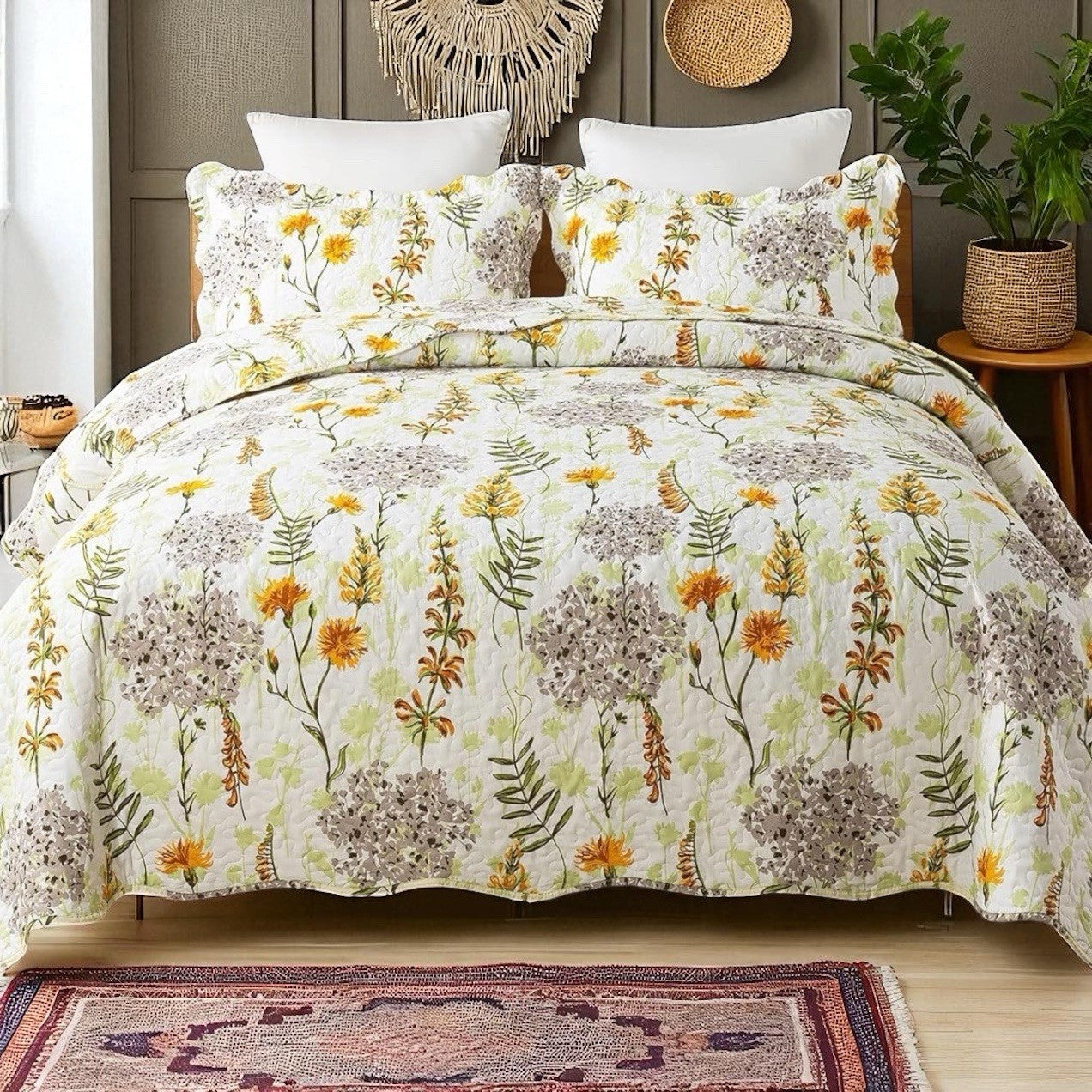 NEW Anthro White Yellow Floral Queen Boho Quilt Bedding Bedspread Duvet Sham Set