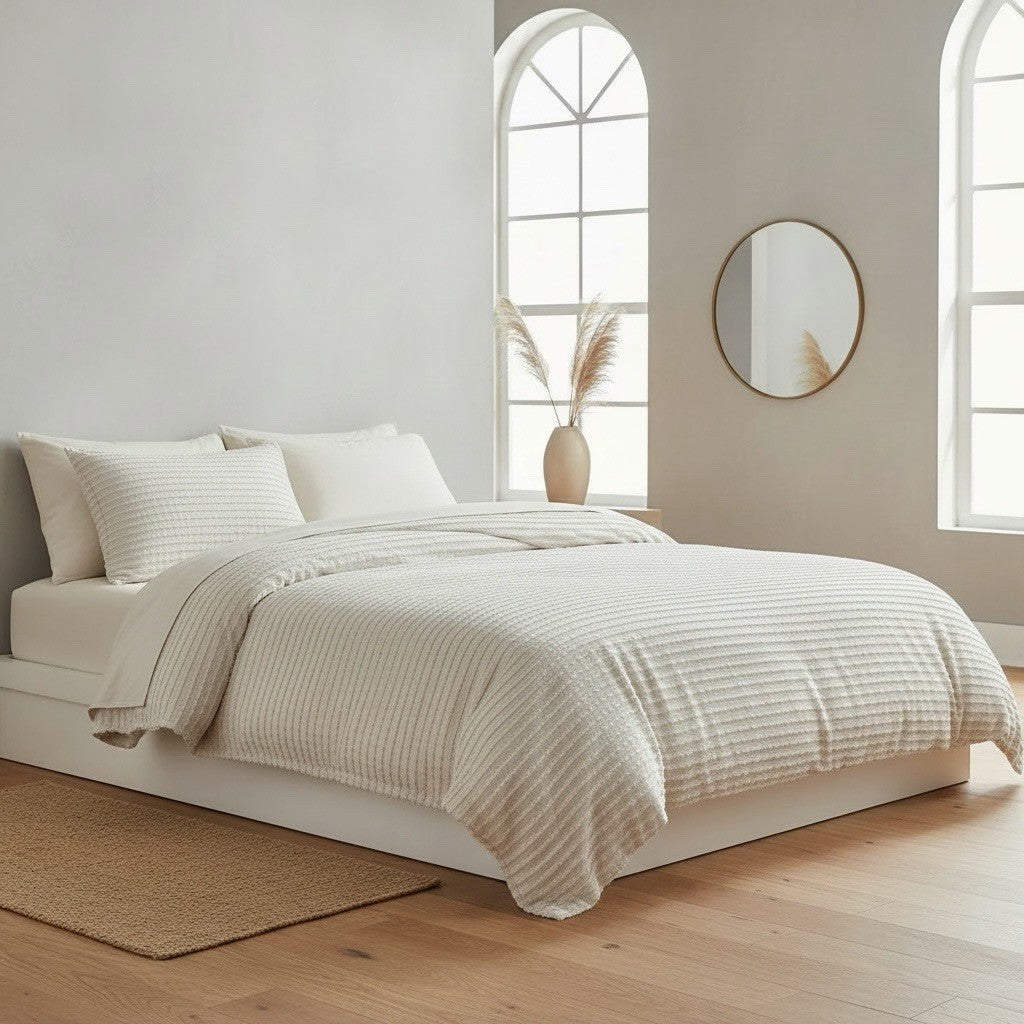 NEW Anthropologie Beige Boho King Size Tufted Fringe Bedding Duvet & Sham Set