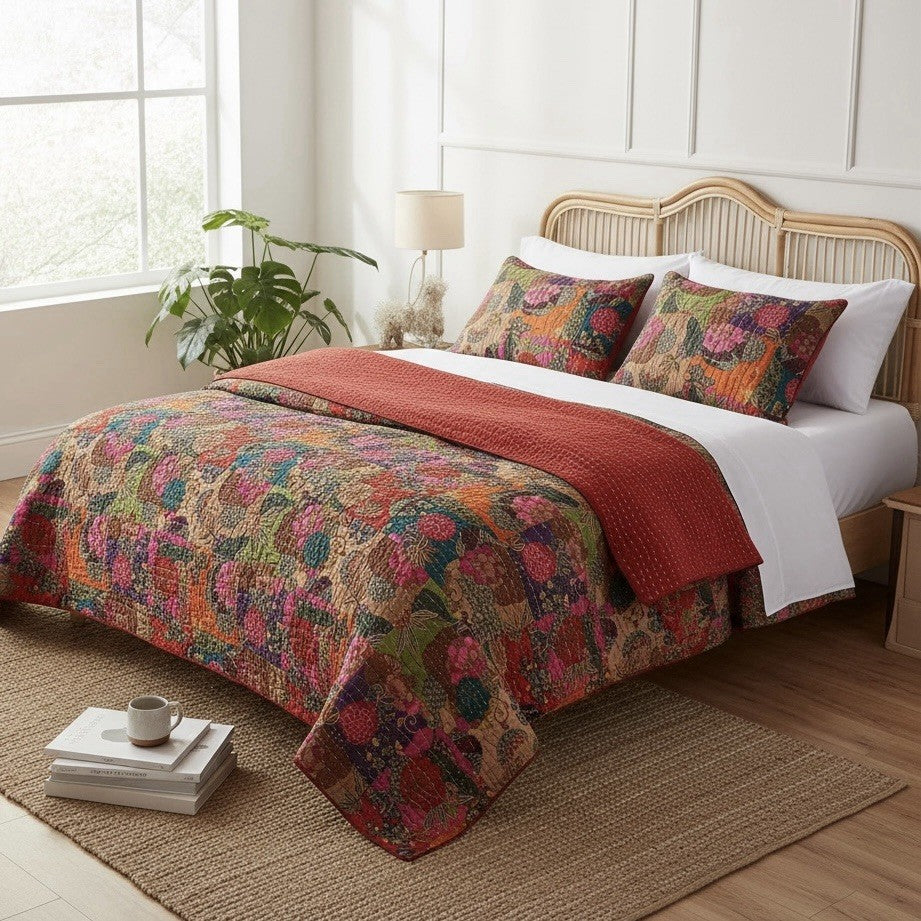 NEW Anthropologie Multicolor Floral Boho King Quilt Bedspread Bedding & Sham Set