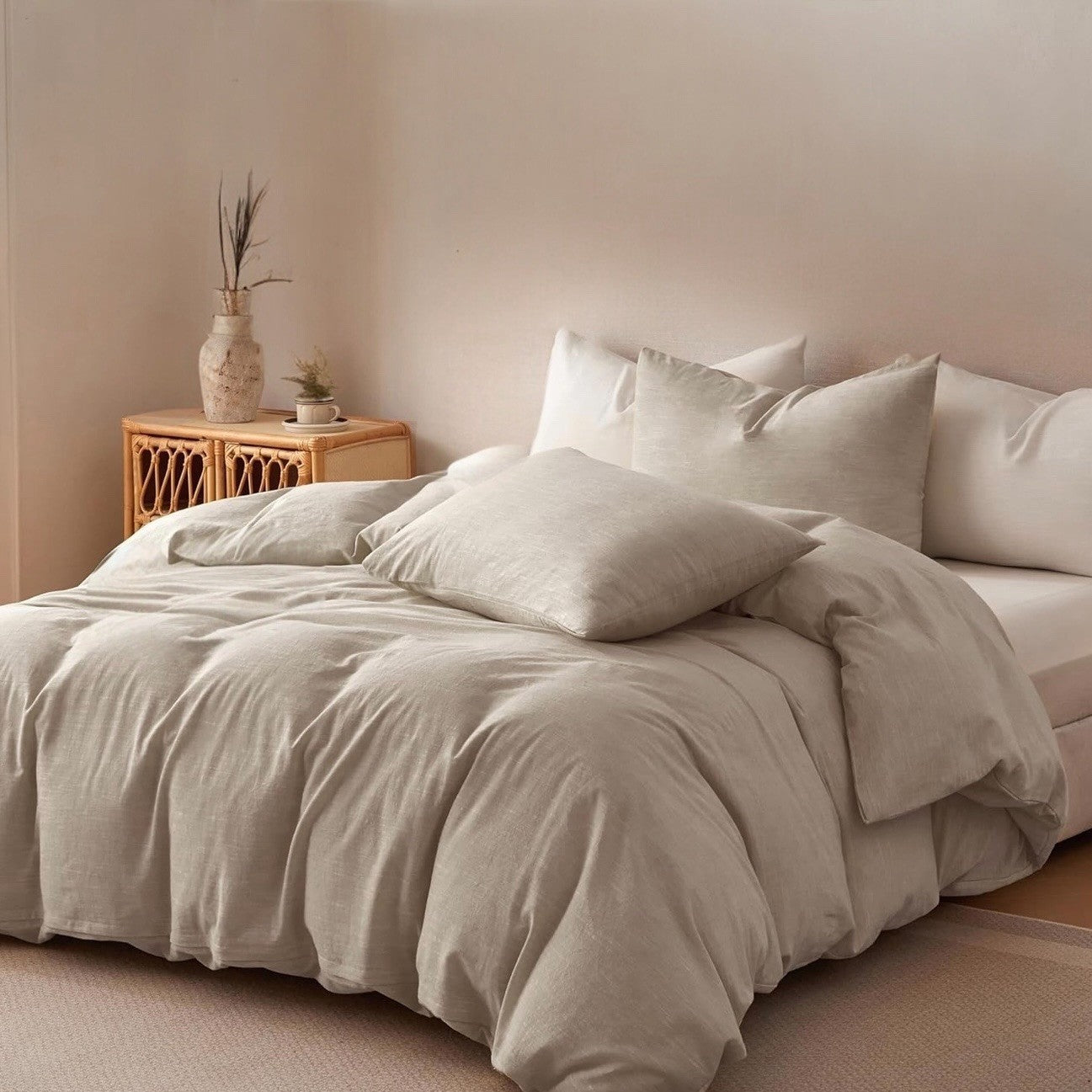 NEW West Elm Beige Linen Cotton Luxury  Queen / King Bedding Duvet & Sham Set