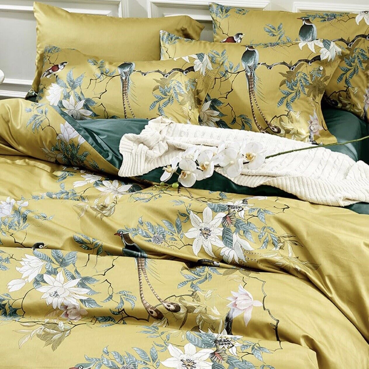 NEW Anthropologie Yellow Boho Queen Size Bird Bedding Duvet Floral Sham Case Set