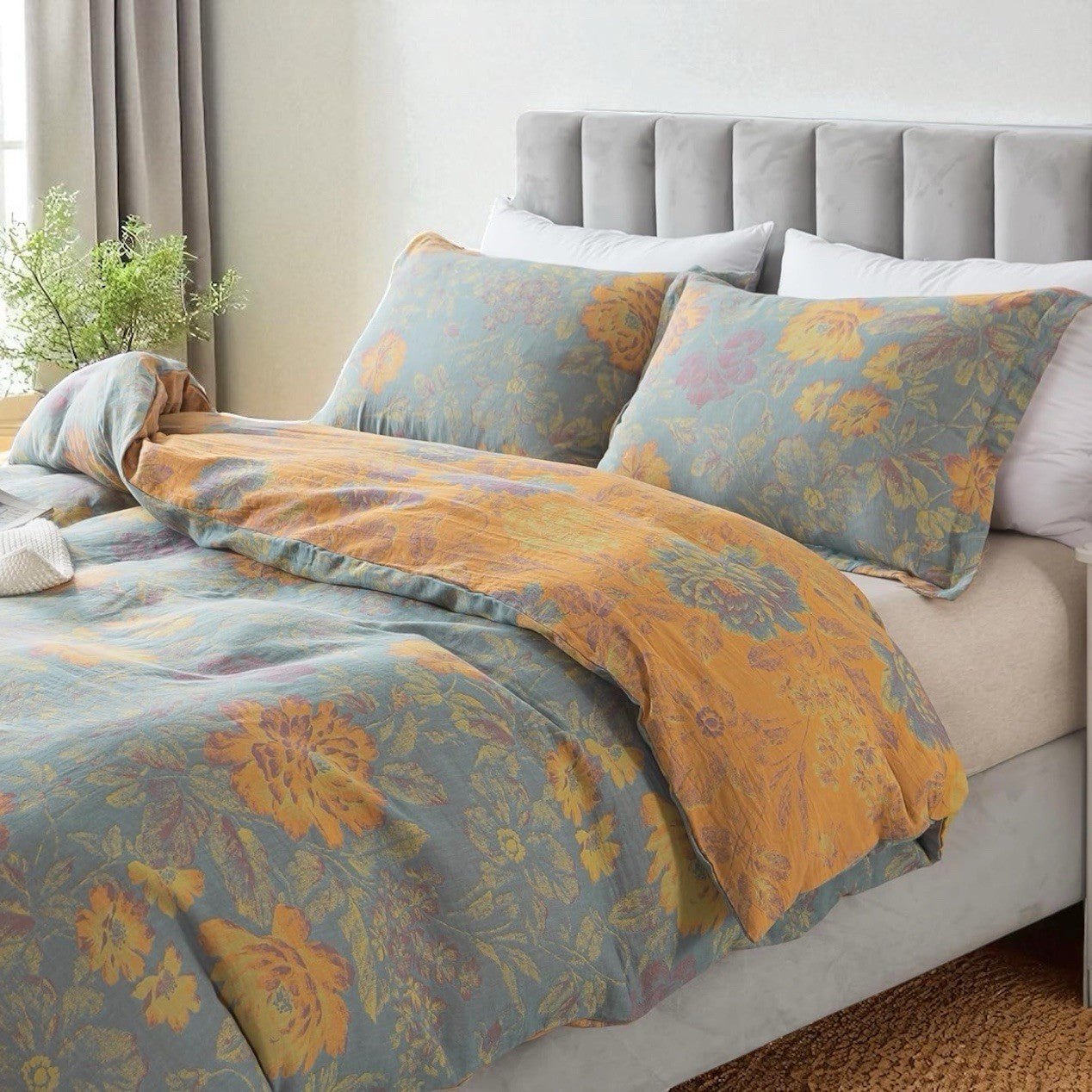 NEW Anthropologie Green Purple Floral Linen Queen / King Bedding Duvet Sham Set