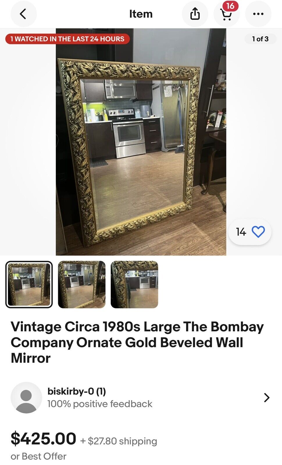 Vintage Bombay Company XL Silver Frame Rectangular Wall Hanging Antique Mirror