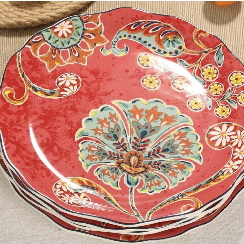 NEW Anthropologie (Set of 4) Red Boho Ceramic Floral Dinnerware Salad Plates Set