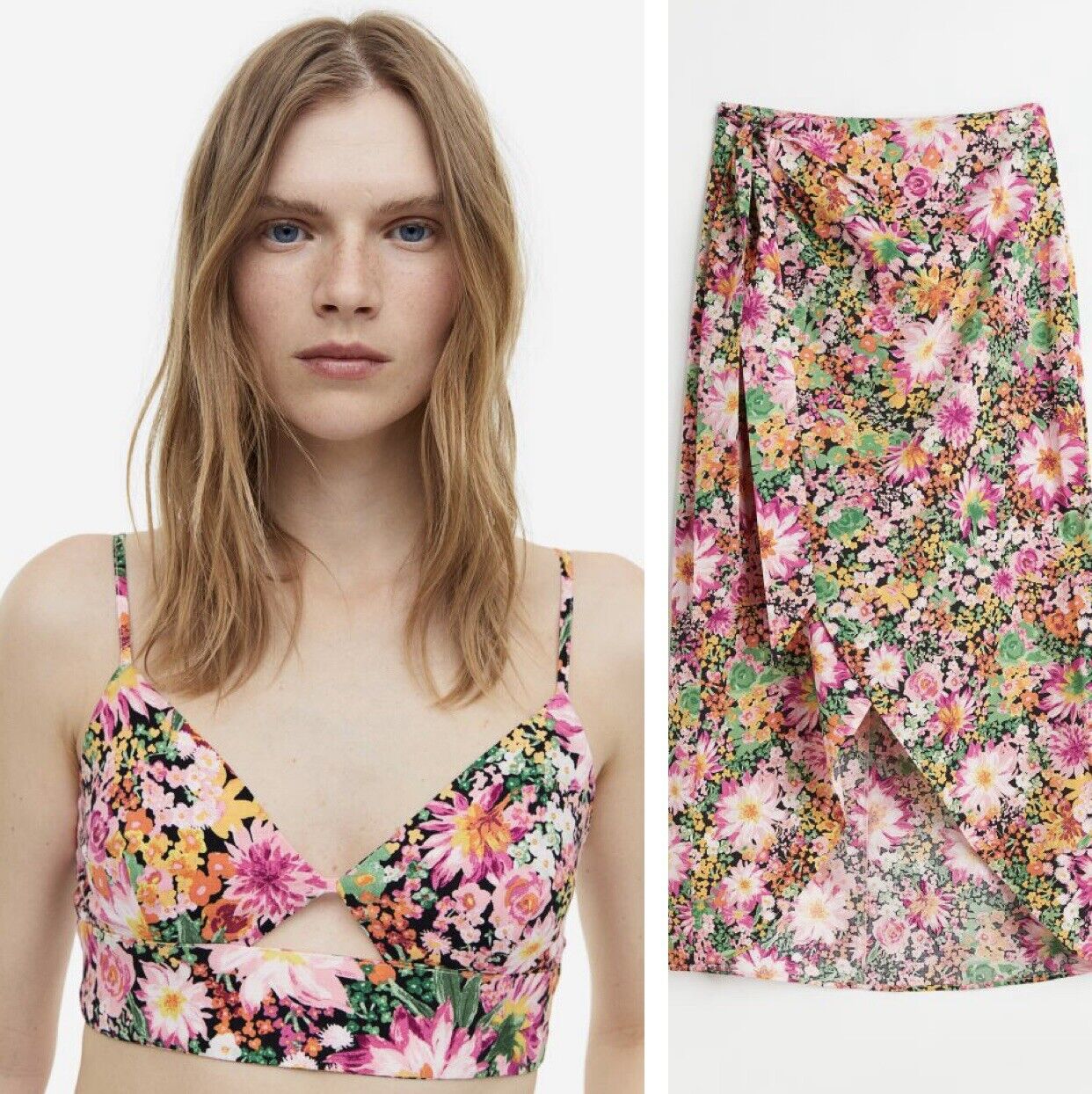 NEW Free People Boho Floral Stretch Crop Top & Midi Wrap Skirt Set - Size Medium