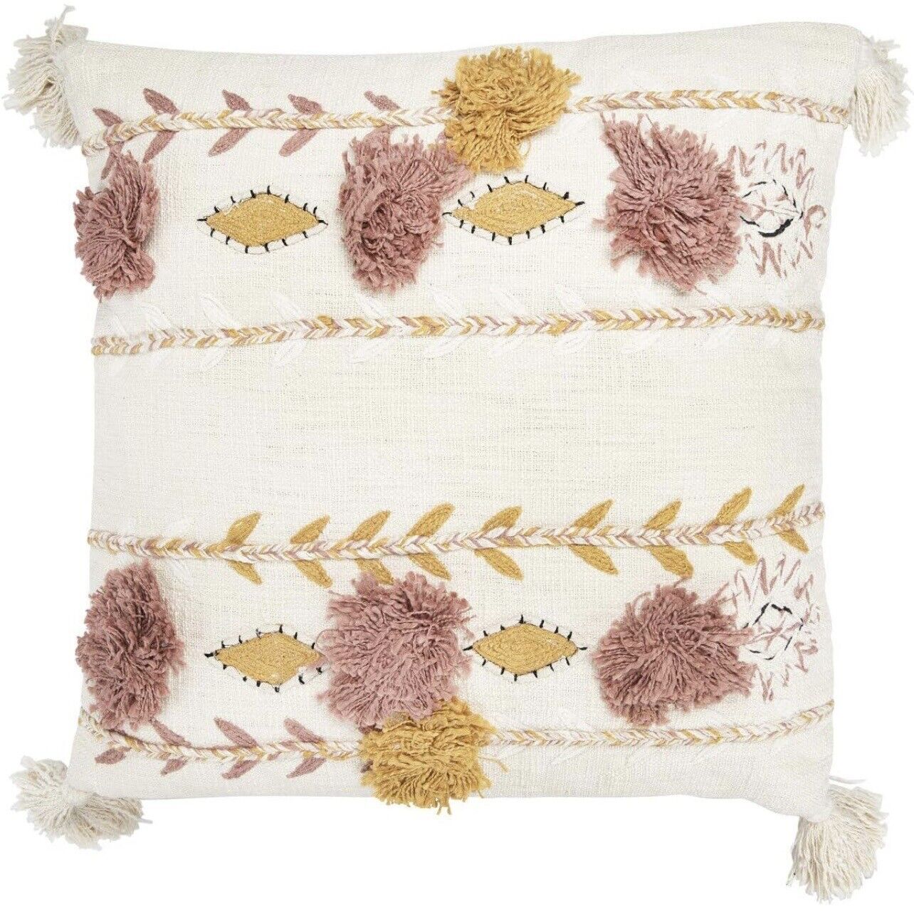 NEW Anthropologie Boho Floral Tassel Pom Pom Embroidered Pillow Sham Case 20x20