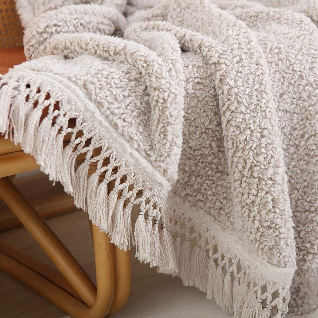 NEW West Elm Beige Sherpa Tassel Fringe Boho Cozy Knit Throw Blanket - 50" x 60"
