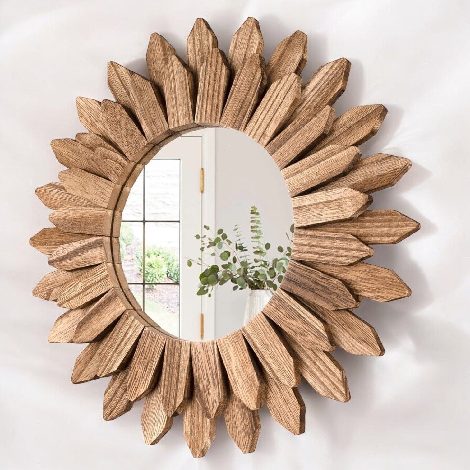 NEW Anthropologie Round Mirror Sunburst Wood Boho Wall Hanging Decor - 12” Diam