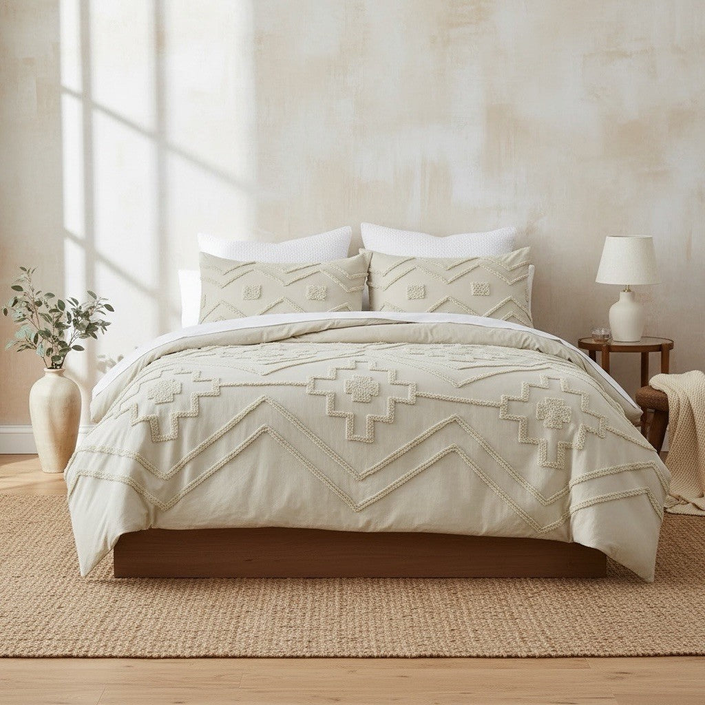 NEW Anthropologie Cream Boho Queen Tassel Comforter Blanket Bedding & Sham Set