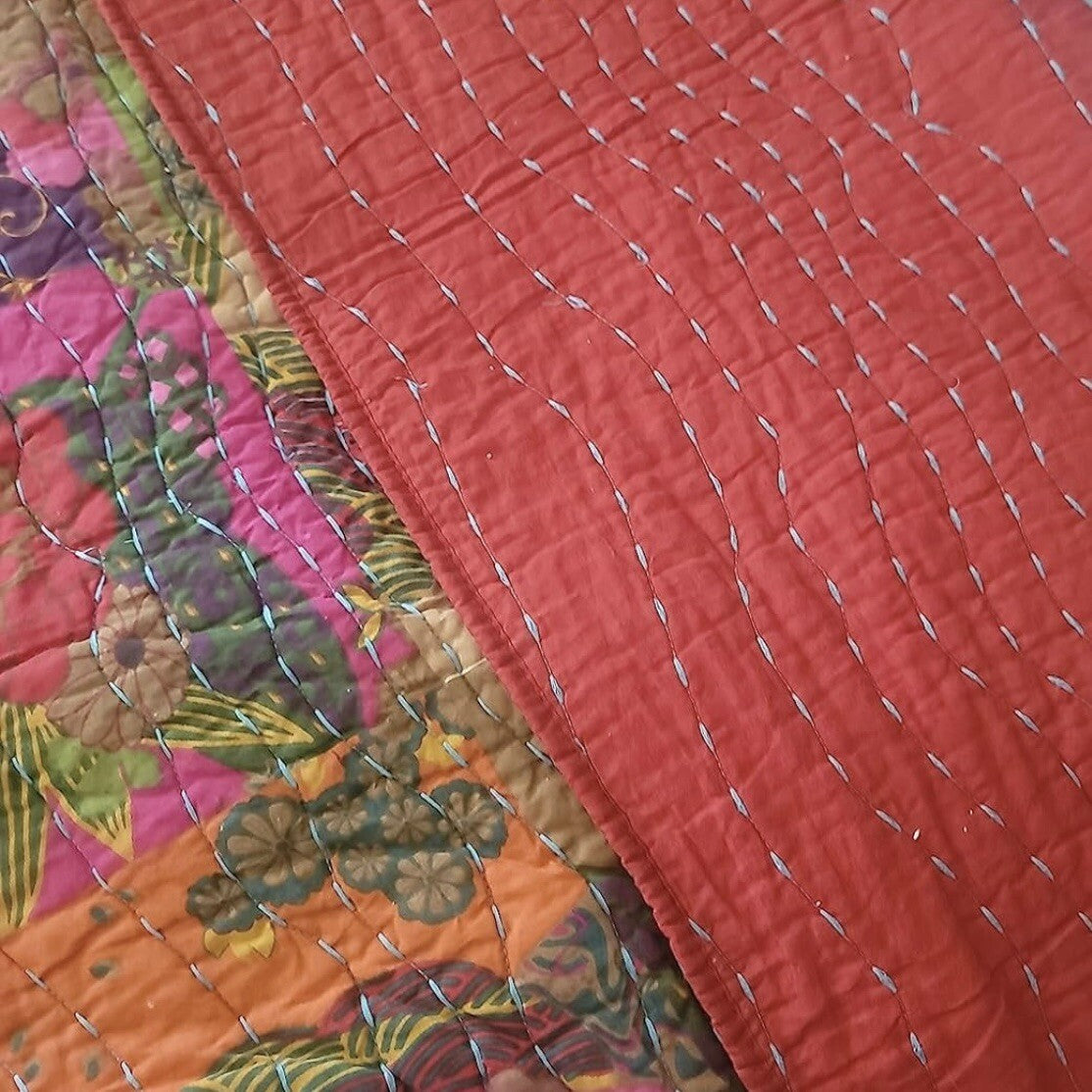 NEW Anthro Red Floral Boho King Quilt Stitch Bedspread Bedding Sham Set