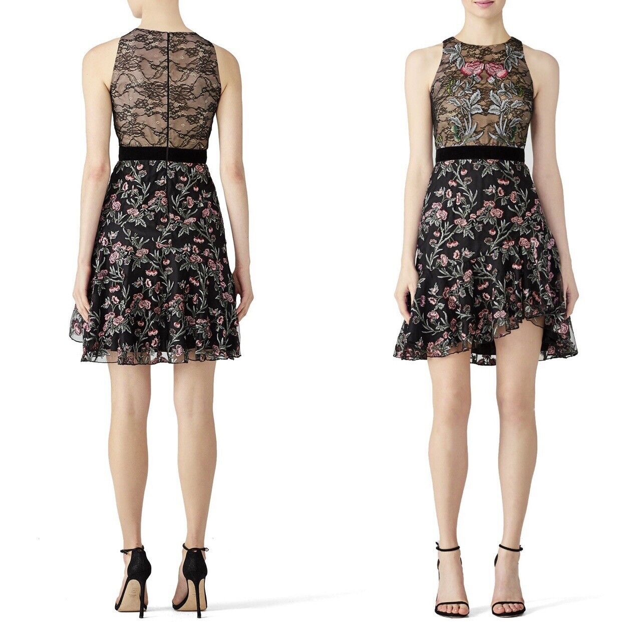 Monique Lhuillier Sheer Black Floral Rose Embroidered Lace Dress - Large / 12