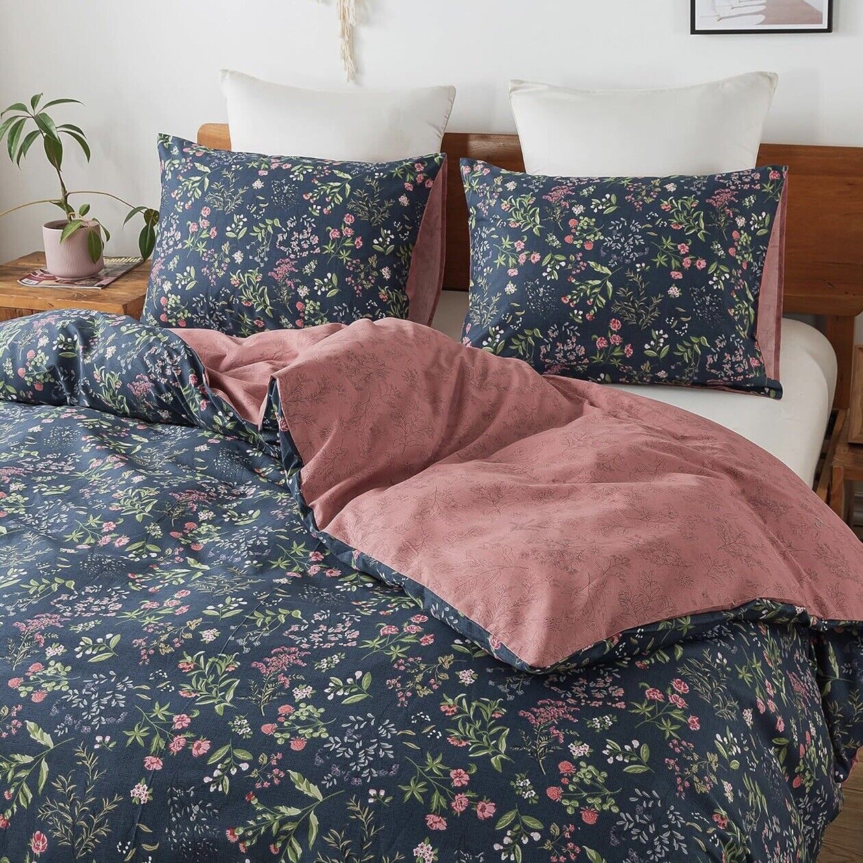 NEW Anthropologie Blue Floral Cotton Boho King Size Bedding Duvet & Sham Set