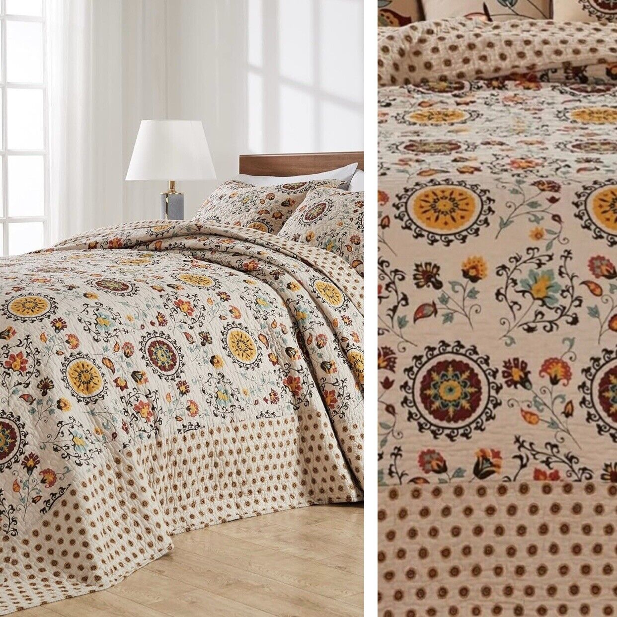 NEW Anthropologie Multicolor Floral Boho Queen Quilt Bedspread Bedding Sham Set