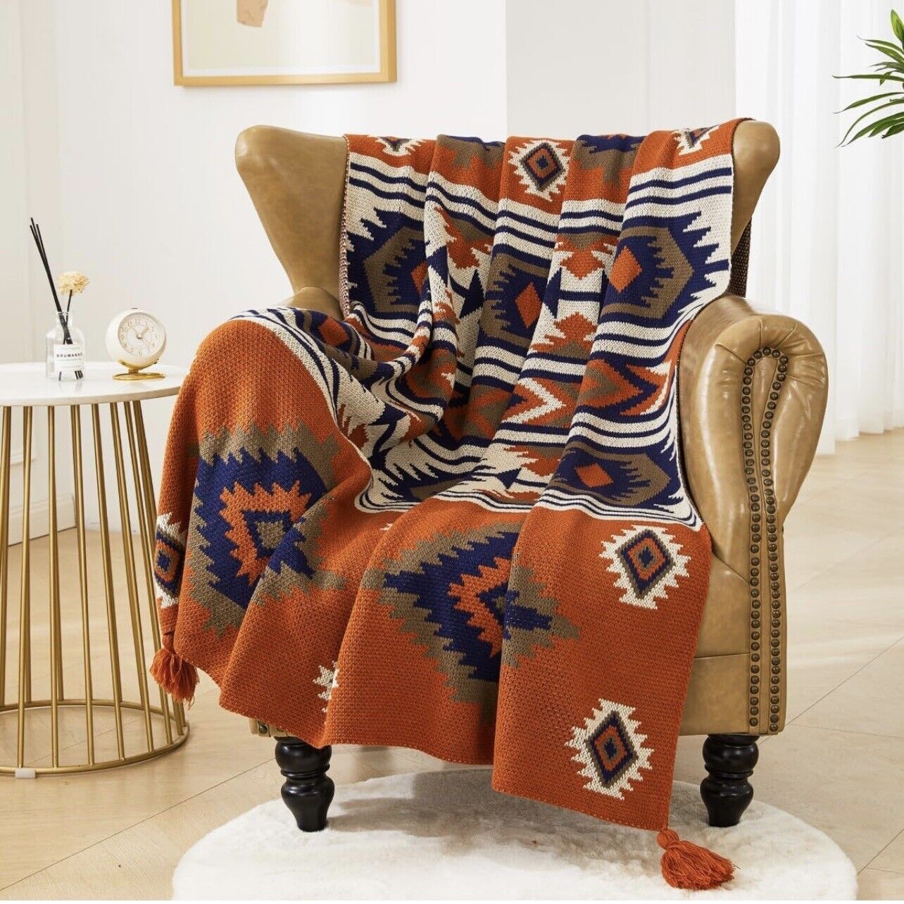 NEW Anthropologie Boho Tassled Geometric Aztec Throw Blanket Bedding - 80" x 60"