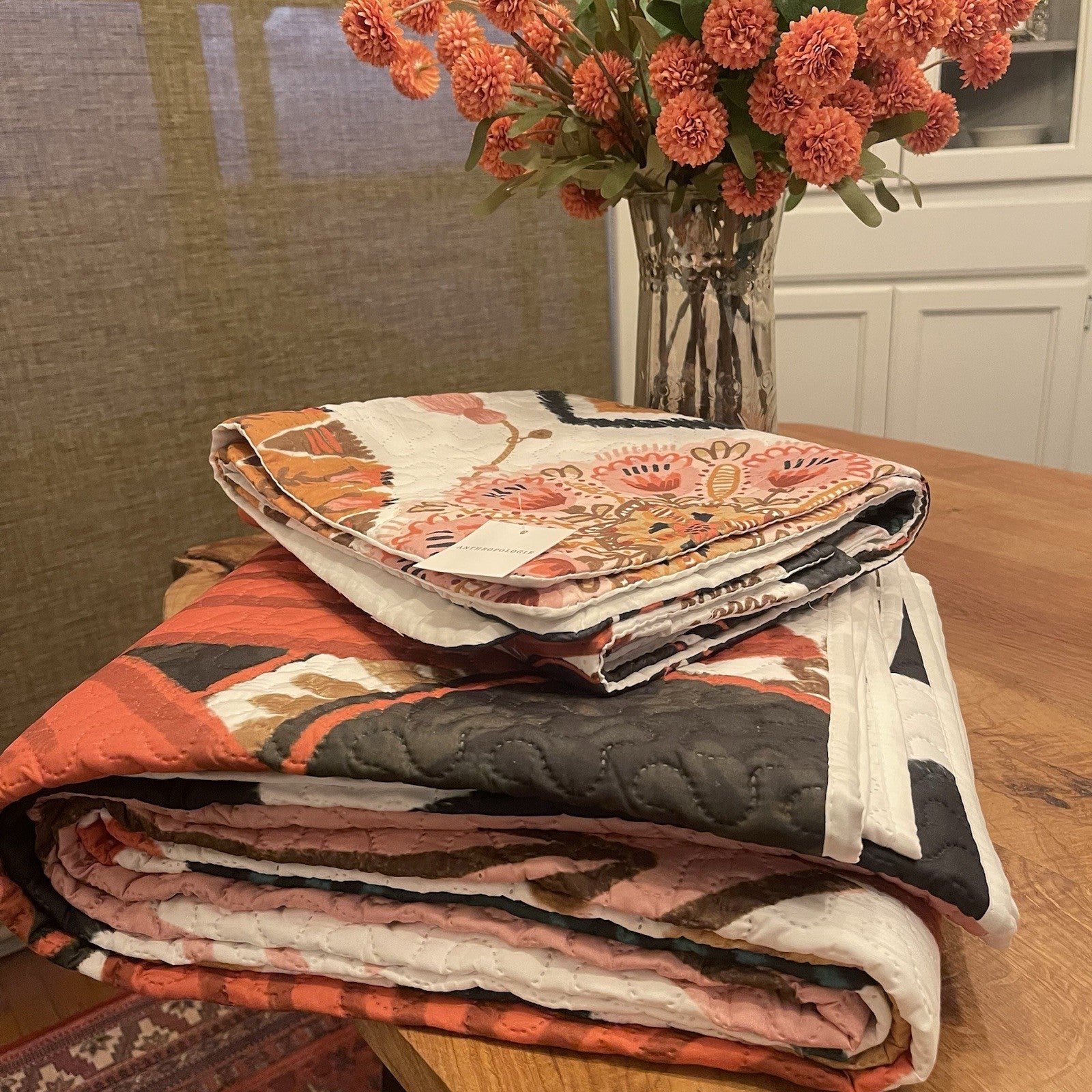 NEW Anthro Queen Size Floral Boho Reversible Quilt Bedspread Blanket Sham Set