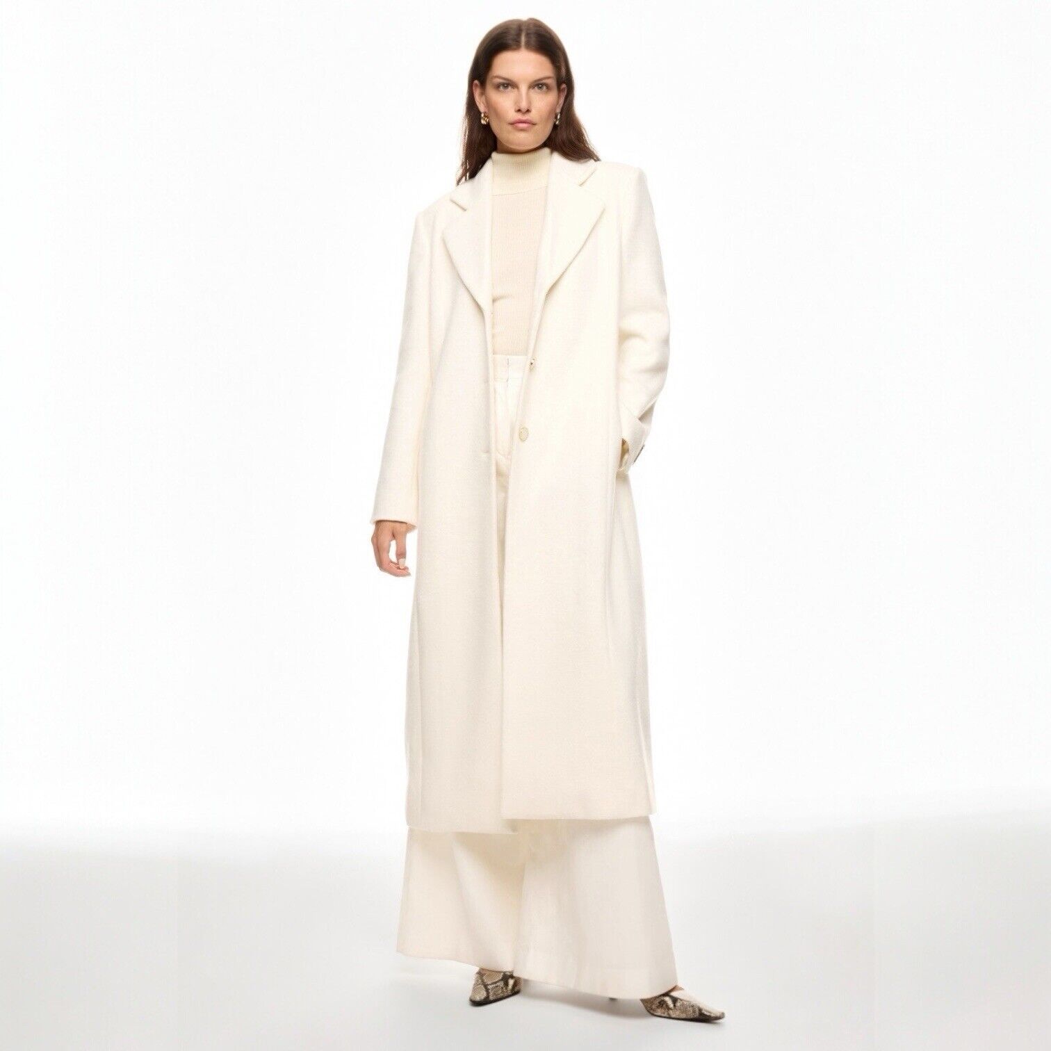 Ronny Kobo White Tailored Button Long Wool Trench Pea Coat Jacket Size 12 Large