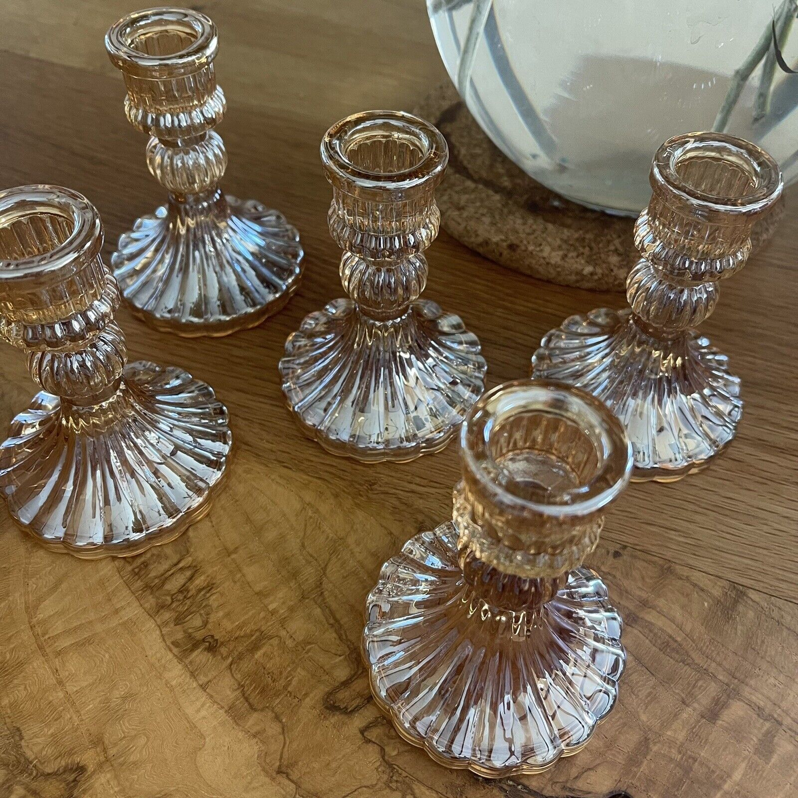 New Anthropologie Set of 6 Pink Boho Cut Glass Retro Candlestick Candle Holders