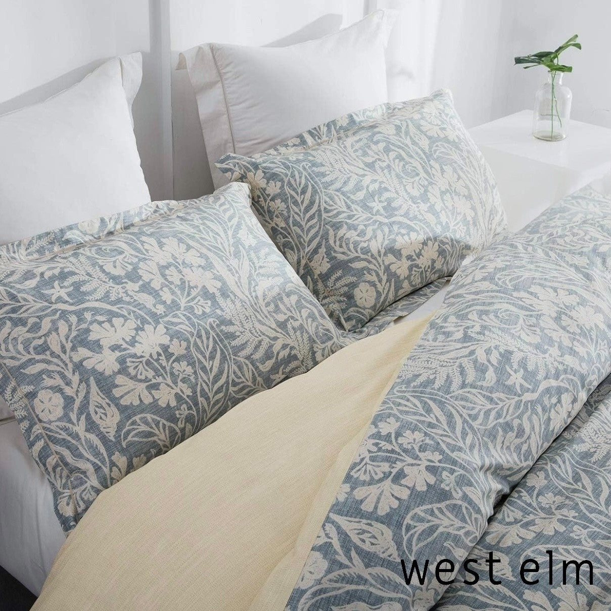 NEW West Elm Blue Cotton Floral Botanical Queen / King Bedding Duvet & Sham Set