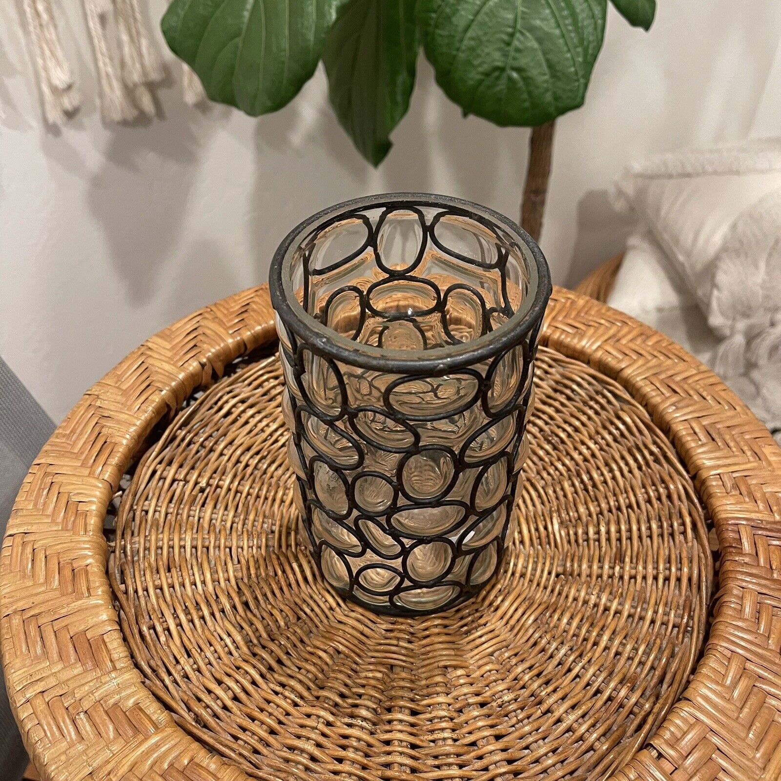 NEW West Elm Modern Boho Circle Glass Large Vase Black Metal Sleeve - 6" Tall