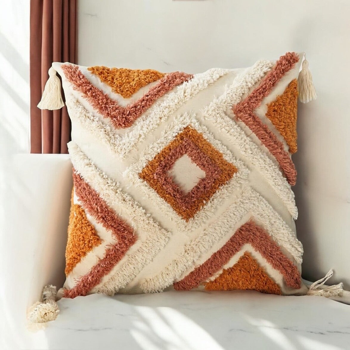 NEW Anthro Orange Diamond Boho Tassel Throw Pillow Case Cover Sham - 18" x 18"