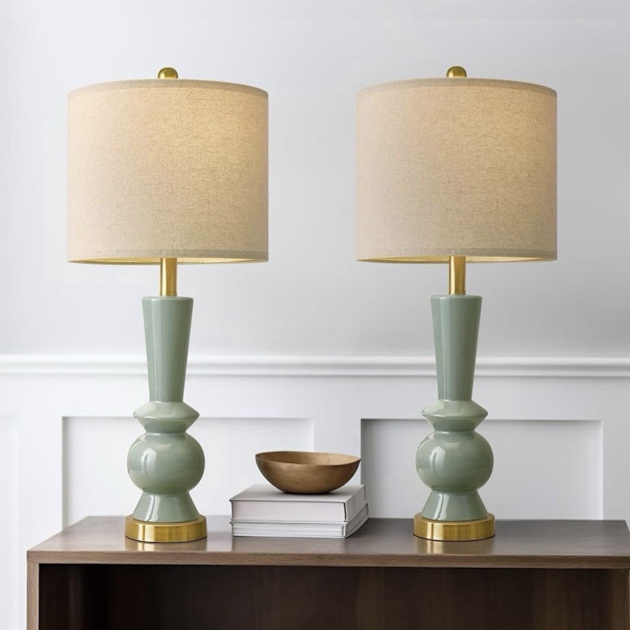 NEW Anthropologie Set of 2 Sage Green Gold Ceramic Boho Table Lamps Lighting 27"