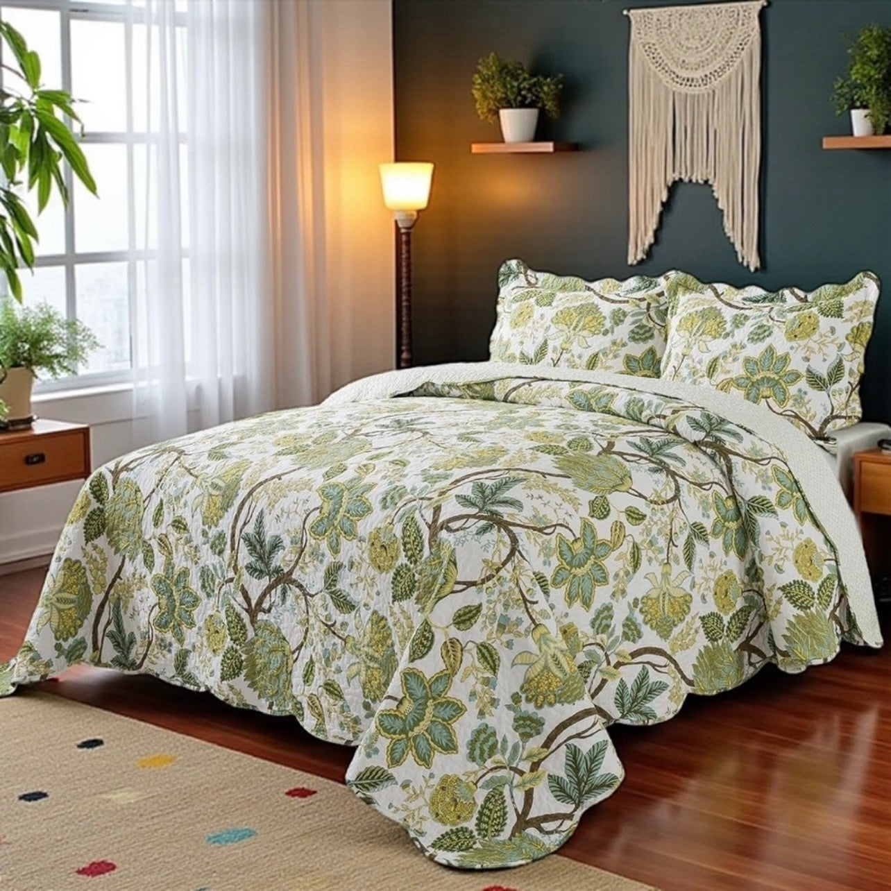NEW Anthro Green Floral 100% Cotton Boho Quilt Bedding Bedspread Duvet Sham Set