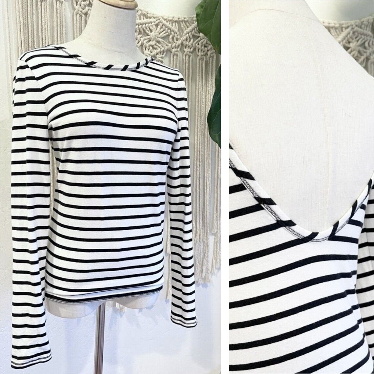 Victoria’s Secret Scoop Back Black & White Striped Stretch Shirt Top - Small