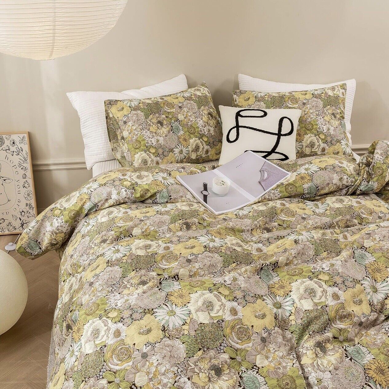 NEW Anthropologie Green Yellow Floral Cotton Boho Queen Bedding Duvet & Sham Set