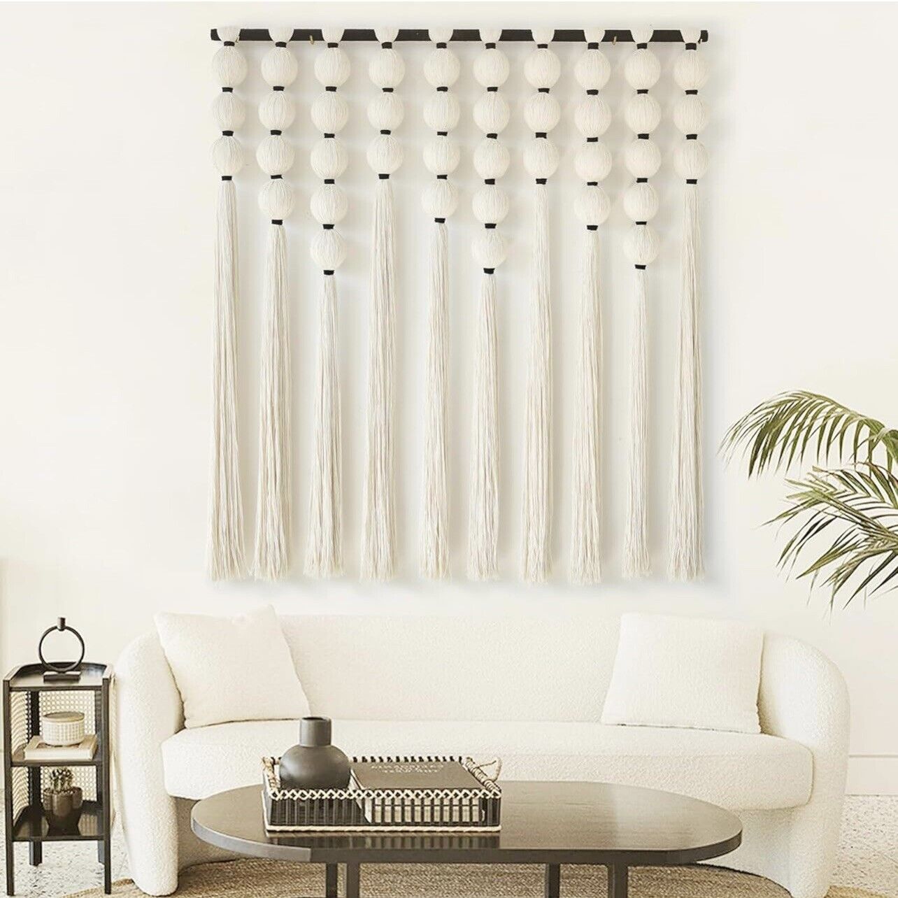 NEW Anthropologie XL Boho White & Black Tassel Tapestry Woven Wall Hanging - 40"