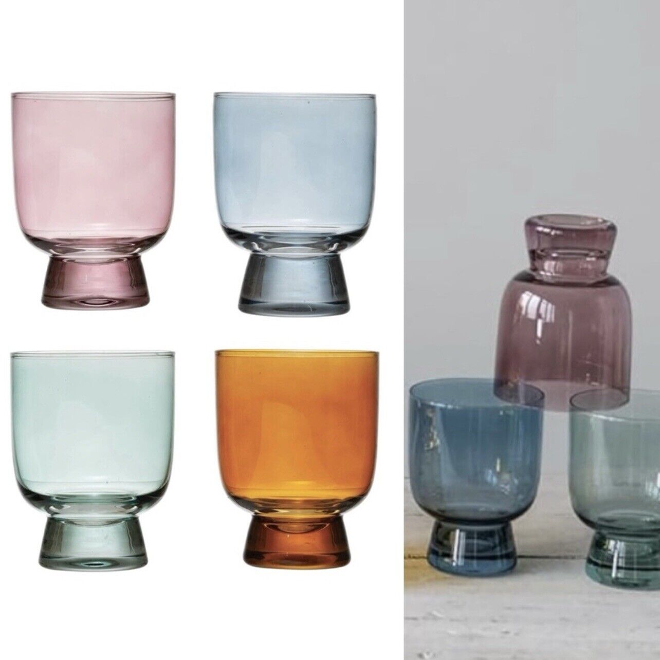 NEW Anthropologie Multicolor Crystal Glass Stemless Wine Glasses Tumblers Set 4