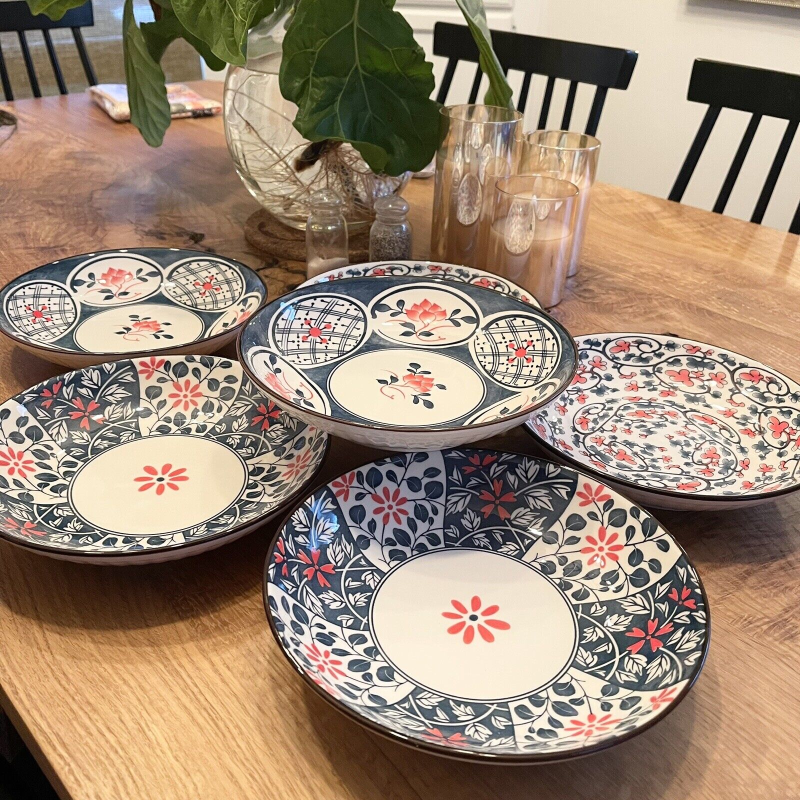 NEW West Elm (Set of 6) Blue Boho Ceramic Floral Dinnerware Salad Plates Set